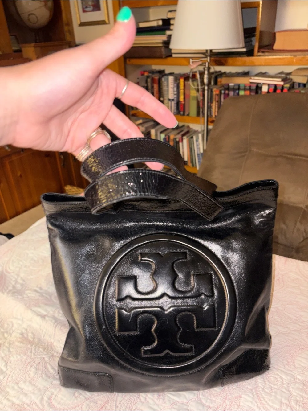 Tory Burch Black Leather Logo Embossed Tote